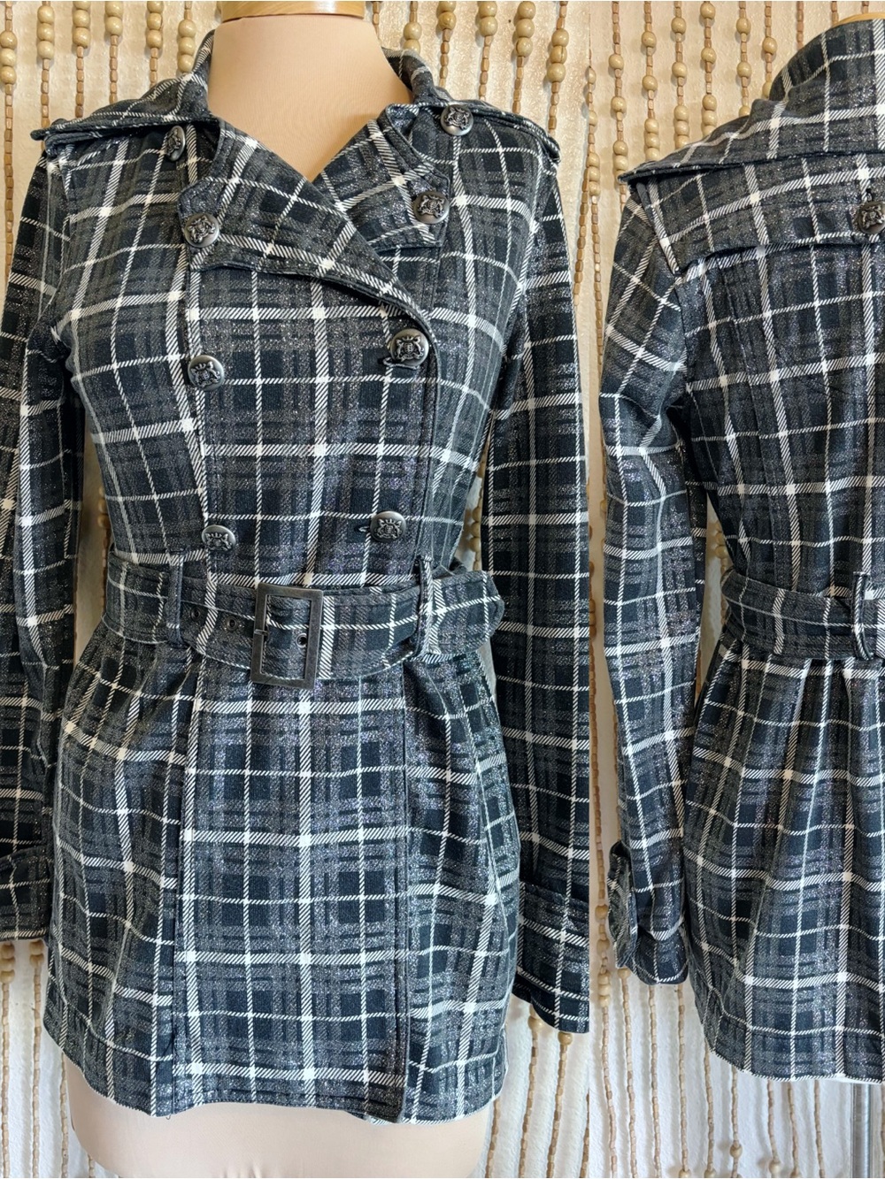 Vintage Wet Seal Y2K Gray Sparkly Plaid Double Breasted Fall Academia Pea Coat